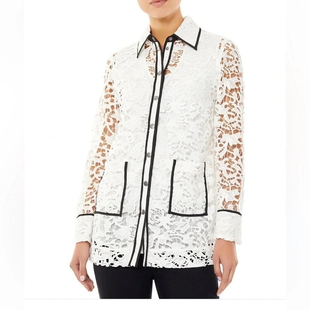 NWT Ming Wang Women’s Delicate Floral Lace Jacket White Lace Black Trim Sz Small